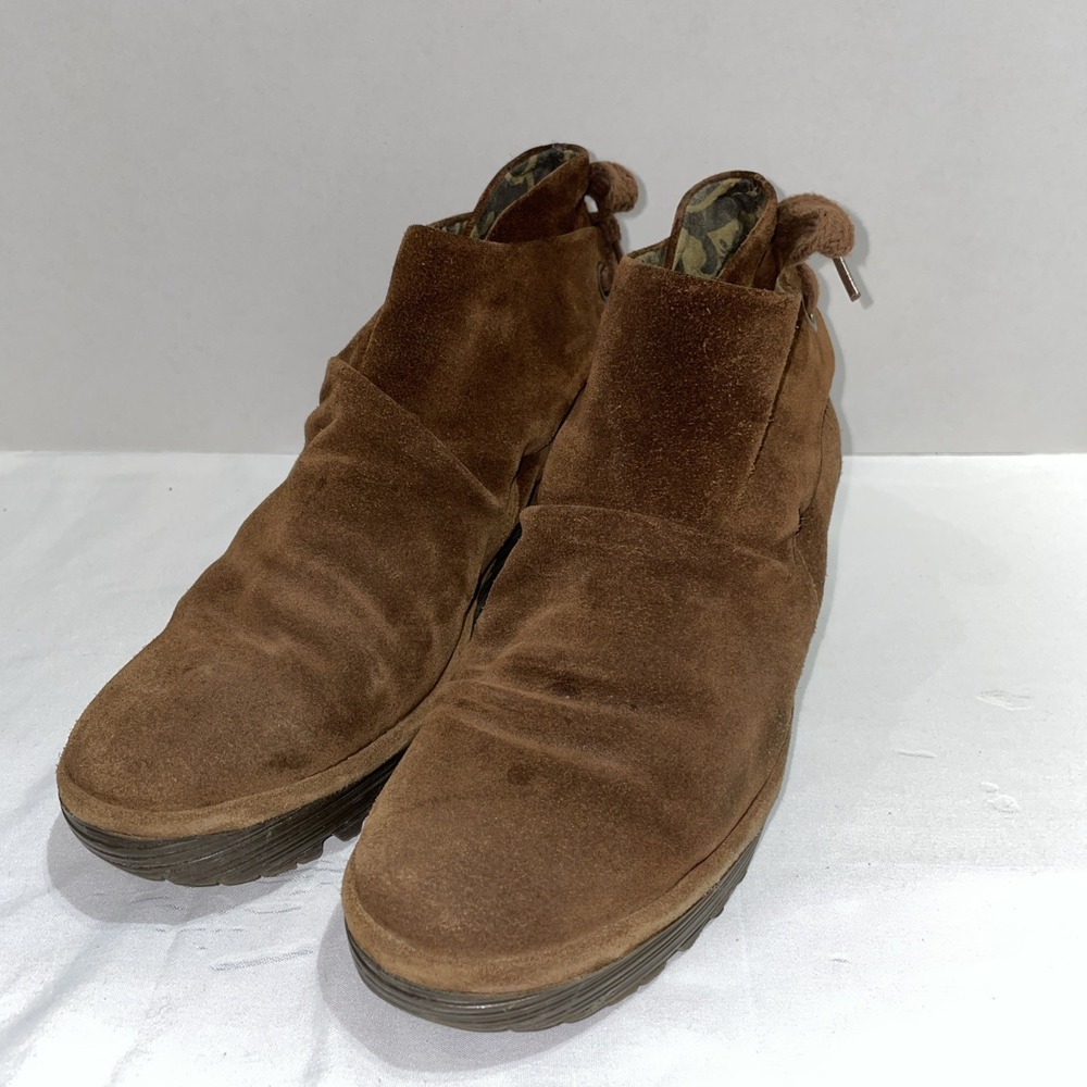 Fly London Brown Suede Wedge Ankle Boots Lace Up Back Yip Bootie Womens 38 7.5-8
